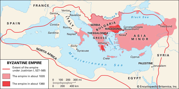 The extent of the empire between Justinian and the 14th Century. Another century or so would elapse before the empire could not strike back. In 1453 Constantinople could become Istanbul and its emperor would be exiled