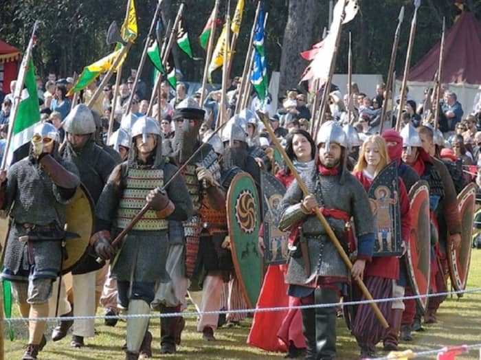 Varangian guard their banners in the manner of the Queen's Household Division at Horseguards (London SW1) each June - this is the Byzantine Emperor's Household Division