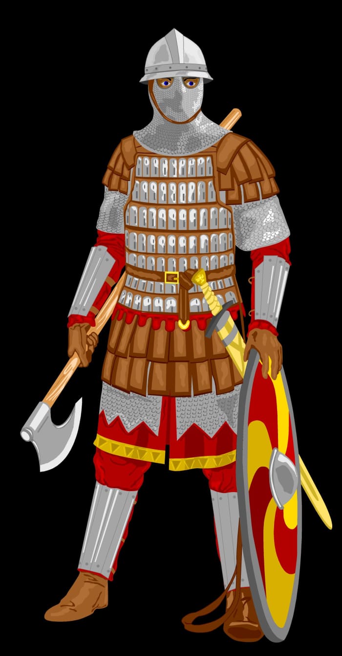 A recreated Varangian guardsman in heavy battle armour - their primary task was to ensure their paymaster's safety