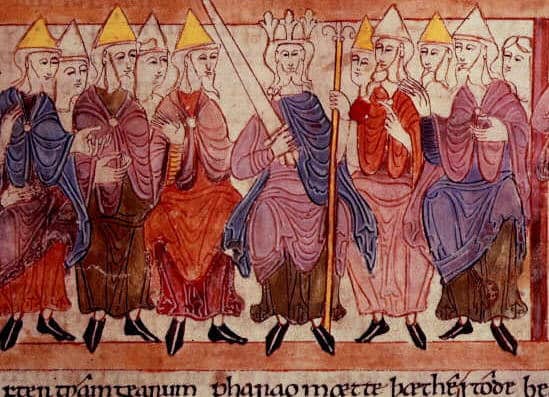 King at the centre, his bishops and lay advisers on either side - this was the meeting of counsellors, the Witanegemot that decided issues too complex for a shire court. They also advised the king on a course of action in the event of rebellion...