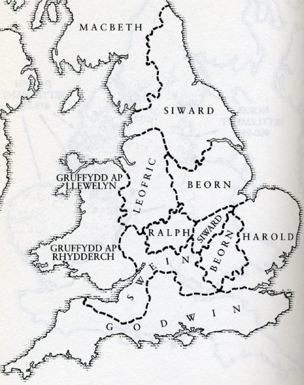English earldoms AD 1045. Feeling Godwin was getting above himself, earls Leofric of Mercia and Siward of Northumbria sided with Eadward against him. There was also the old rivalry between Mercia and Wessex that dated back to Penda's time (7th Cent)