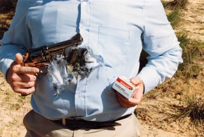 And the aftermath of the self-inflicted gunshot wound... no penetration at point-blank range