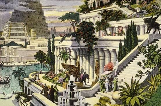 A 19th century interpretation of the Hanging Gardens of Babylon, with the Tower of Babel in the background. Image often found in textbooks.