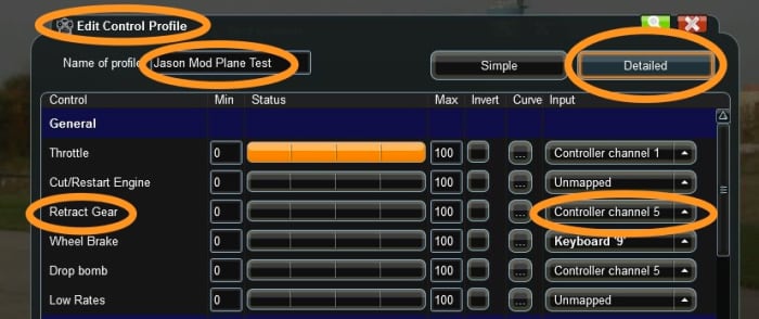 While editing your controls, look for the option "Retracts" and make sure it is set to Channel 5. Channel 5 is the Gear/F Mode lever on the left hand side of the DX6i controller.