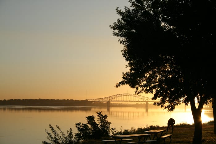 A view of the Columbia River and the "Blue" bridge, taken from Columbia park in Kennewick, Washington.