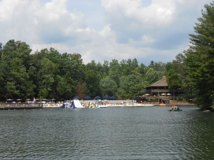 View of the lake with inflatables. There are also paddle boats and canoes to use.
