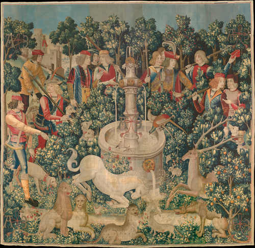 "The Hunt of the Unicorn", seven piece tapestry circa 1495-1505 in Brussels. Today, hangs in The Cloisters, Museum of Modern Art in New York City.