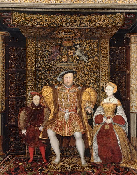 Family of Henry VIII painted portrait, in front of one of his commissioned tapestries from Belgium.
