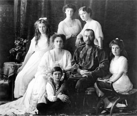 The last Russian Imperial Family. Left to right standing: Grand Duchess Tatiana, Grand Duchess Olga. Left to right sitting: Grand Duchess Maria and Tsarina Alexandra, Tsarevitch Alexi, Tzar Nicholas II, Grand Duchess Anastasia.