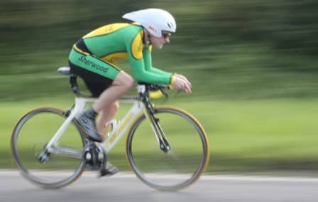The key muscles for cycling in time trial action. This cyclist is using his hip flexors to bring the pedal to the top position prior to initiating the downward phase with the buttocks.