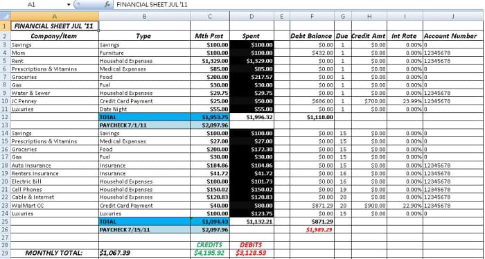 This Balance Sheet was done in Excel. Each month, add a new tab and change as needed. I recommend you open a brand new spreadsheet for each year.