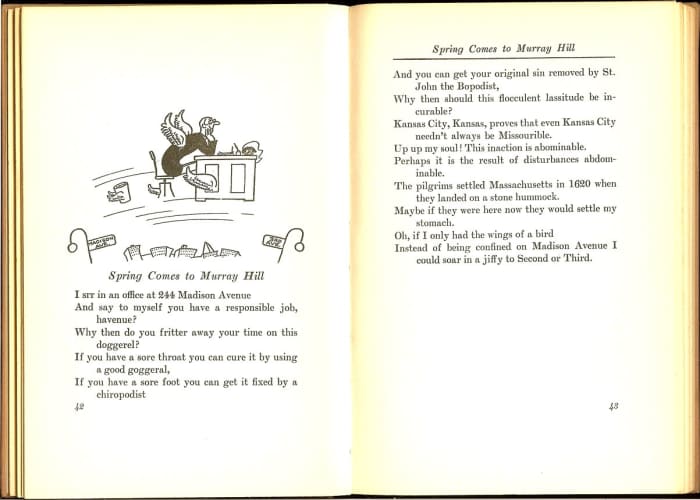 Spring comes to Murray hill: his first published poem in New Yorker. You can see the anarchy in his rhyming at the very outset.