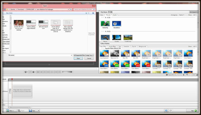 Choose from your folders which files to add, Nero recognises most image and sound file types. Either left click and hold then drag to highlight many files or a single click to highlight one file. The click 'Open' to import to Nero.