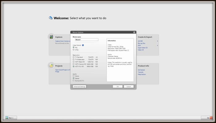 A square 'Movie Options' dialogue box will pop up giving a range of video output options. The default settings as in this case are usually the most appropriate for a simple slideshow or video.