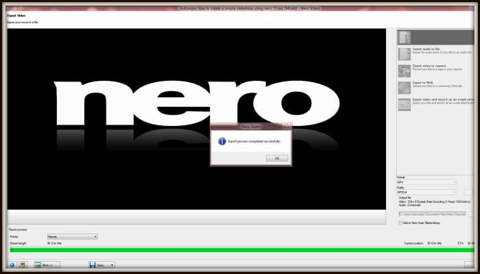 Once the rendering has completed a dialogue box will pop up and inform you the video has successfully been exported. Left click the 'OK' icon on the pop up box.