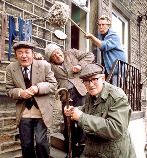 Compo & Co - Norah Batty conducting her usual 'sorting out' with her trusty mop . Left-right: Peter Sallis, Bill Owen, Brian Wilde, Kathy Staff at rear. Peter Sallis more recently did the voice of Wallis, the cheese-loving owner of clever Gromit