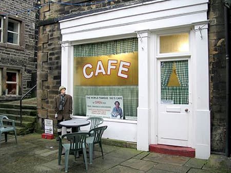 Back in town again for a rewarding cuppa at Sid's cafe, place of many a confrontation with Ivy, Sid's wife and widow. Her weapon of mass destruction was a metal tea tray applied liberally over Compo's head when crossed