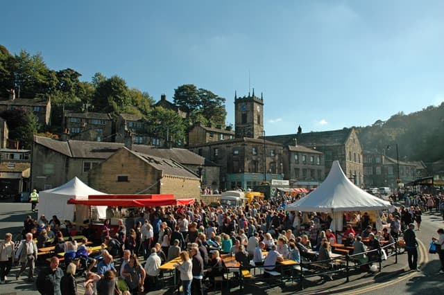 Holmfirth' s annual Food & Wine Festival - Dales food: cheeses, meat pies, sausages, bacon, lamb, prime beef and pork roasts, Yorkshire puds...