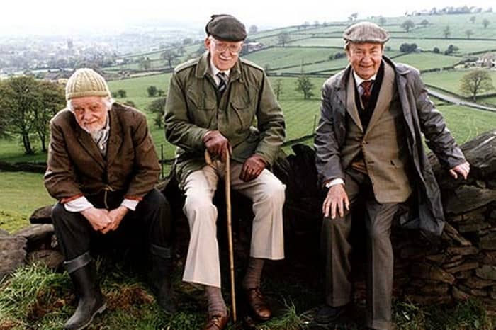 Out'n'about with (left-right) Bill Owen as 'Compo', 'Foggy' Dewhirst (Brian Wilde - who was also in 'Porridge' with Ronnie Barker -, and Peter Sallis. Veteran actors, each with his own touch. A raft of actresses included Thora Hird and Kathy Staff