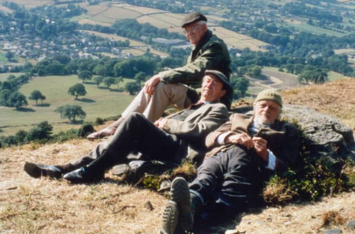 'Foggy' Dewhirst (Brian Wilde), Norman 'Cleggy' Clegg (Peter Sallis) and 'Compo' Simmonite (Bill Owen) at rest during filming near Holmfirth. Bill and Peter were buried side-by-side in the churchyard by agreement.