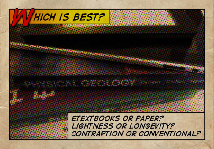 A stack of textbooks, an iPad 1, and a Kobo Web eReader. Which is best: eTextbooks or paper, lightness or longevity, contraption or conventional?
