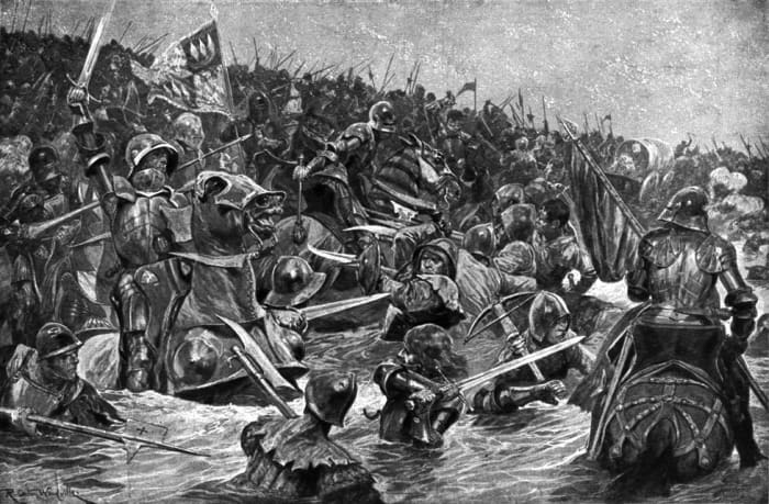The Battle at Towton spills over into the ice-cold river. Many drowned in the icy cold water, used as 'human pontoons' by their fellows trying to get across Cock Beck from their Yorkist pursuers.