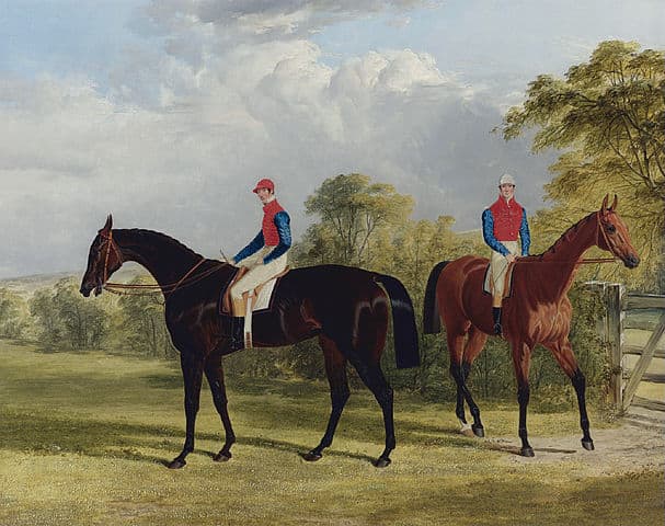 'The Earl of Chesterfield's 'Industry' with W Scott Up and Caroline Elvina With J Holmes Up in a Paddock" by J.F. Herring (1795-1865).