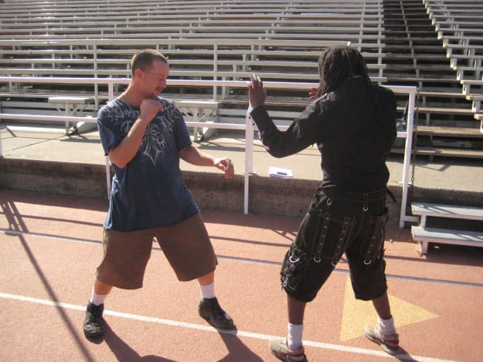 The beginning of the freestyle sparring technique in Kenpo called B1a. Jamie and Glenn face off.