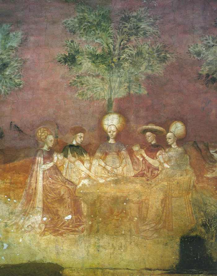 A fresco known as "The Tarocchi Players", painted sometime in the 1440s. These ladies were playing an early version of a tarot game.