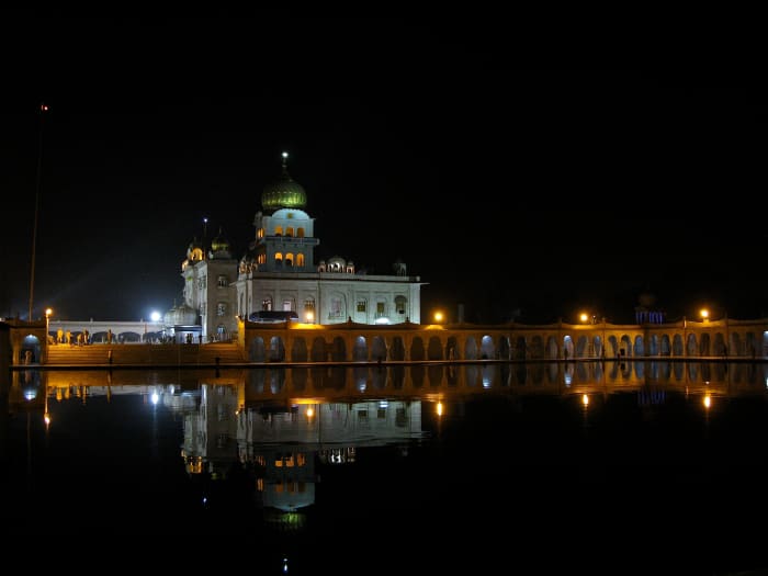 Gurudwara Bangla Sahib at night - a view from the sarovar