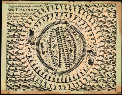 White attack on the Pequot village at Mystic on June 5, 1637. This woodcut was placed in Commander John Underhill’s book about the Pequot War, pub. in London, 1638. Over 400 Pequot men, women & children died in under an hour.