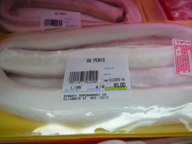 Ox Penis -Cooked by steaming, deep frying or simply consumed raw, the ox penis is commonly eaten by humans in the Oriental countries. In the Western countries, ox penises are usually dried out and served as dog food.