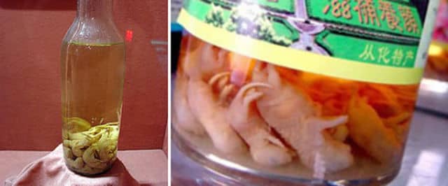 Baby Mice Wine -Traditional in China and Korea, baby mice wine is considered to be a “health tonic”. The confessed taste: raw gasoline. While still alive, newborn mice are thrown into bottles full of rice wine and left there to ferment