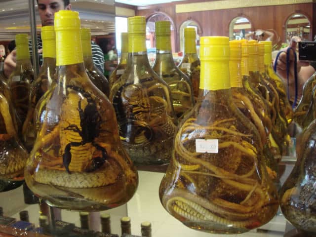Snake and Scorpion Wine -This unusual type of liquor can be found in Asia mostly and it is made out of a dipping Cobra or scorpion into a rice wine bottle. After a few months of fermentation, the venom is dissolved and the drink is good to serve!