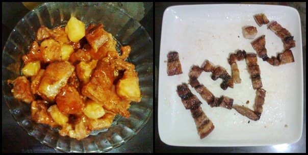 We were experimenting with pork and finally decided to make some sweet and sour pork (left), as well as some turbo-grilled pork liempo (right).