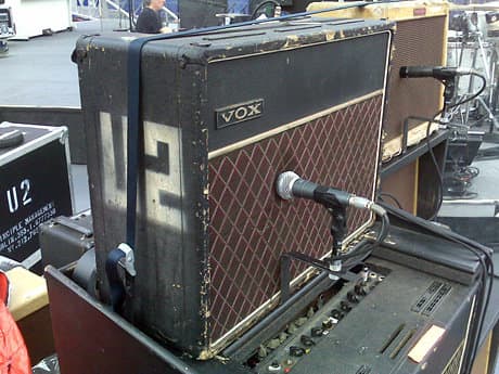 The Edge's highly unique Vox AC-30 amplifier. While the cabinet was built in the 1970s, the chassis is taken from a 1964 model. The amp also features two replacement speakers, a Jensen Blue Alnico and a Jensen Silver Alnico.