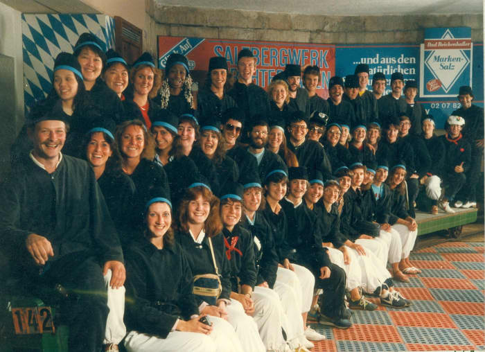 There were 45 of us, from all over the US. Here we are, about to descend into the salt mines of Salzburg. Tour Guide Hannes is in the front; Bus Driver Lakis is in the back.