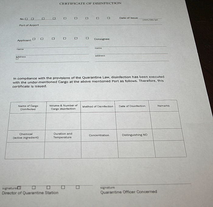 This form was the only Certificate of Disinfection form I could find in the United States. Source: Suntrans International Inc. (international shipping company)