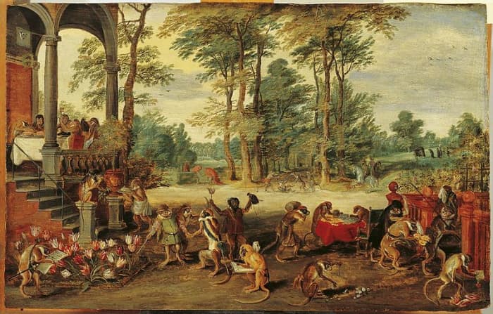 A Satire of Tulip Mania by Flemish painter Brueghel the Younger (ca. 1640), depicting the social hysteria at the time as if the market was run by brainless monkeys.