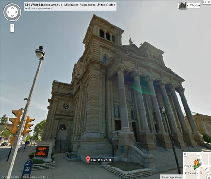 The street view of St. Josaphat Basilica in Milwaukee gives you a great taste of the stunning exterior architecture.