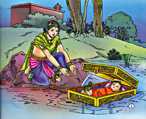 A painting depicting Karna's ill fate from his birth onwards. Kunti, the mother abandons the baby fearing disgrace