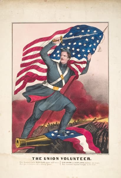 Postcard: The Union Volunteer. The caption on the bottom reads: "O'er Sumter's walls OUR FLAG again we'll wave, And give to traitors all a bloody grave, OUR UNION and OUR LAWS maintain we must, And treason's banner trample in the dust."
