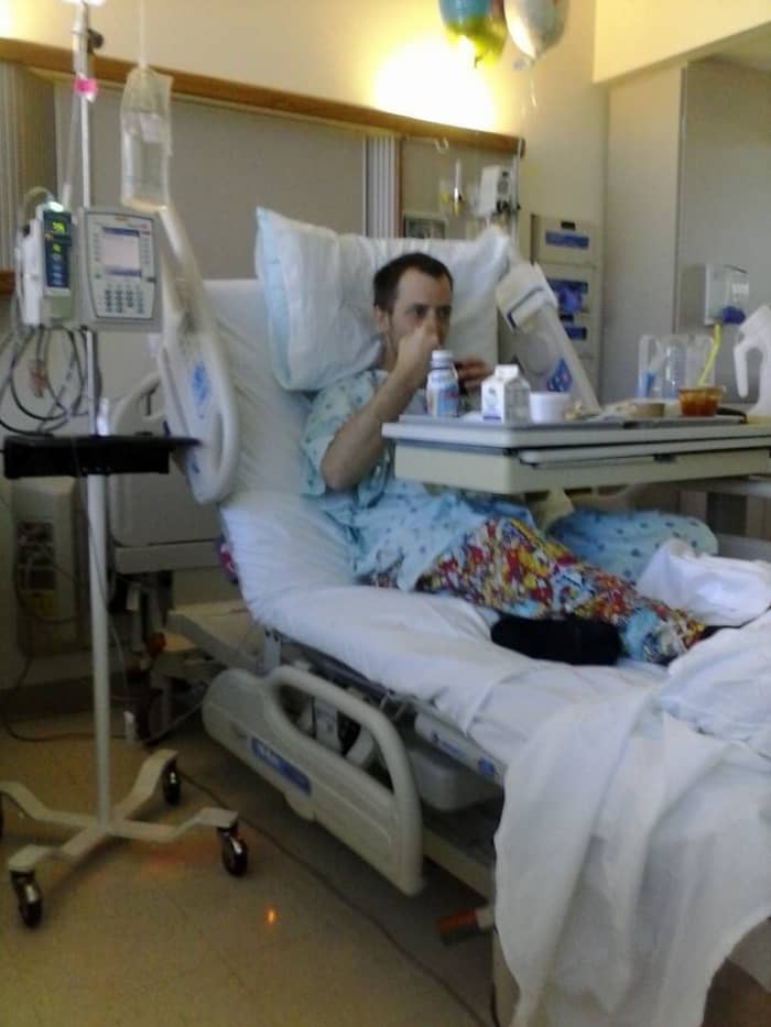 My husband a couple days after his operation. At least for a few nights we knew where we were sleeping!