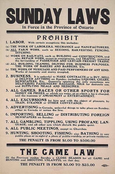 Ontario, Canada Blue Laws from 1911