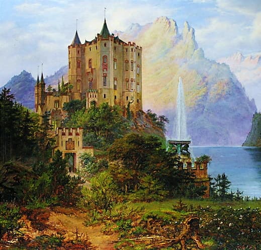 Hohenschwangau, built by Ludwig II's father, Maximilian II. Painted in 1843 by Frederik Hansen Sødring.