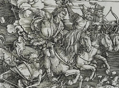 The Four Horseman of the Apocalypse, a wood cut engraving by Albrecht Durer and considered his masterpiece work.