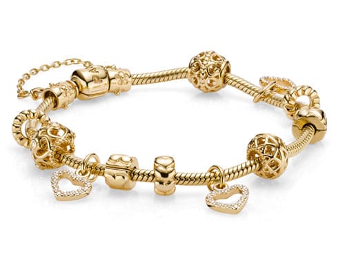 Extravagant 14ct Gold Pandora Bracelet - Gold Moments Charm Bracelet £1,200; 14ct Gold and Diamond Valentine's Heart £360; other charms from £165,