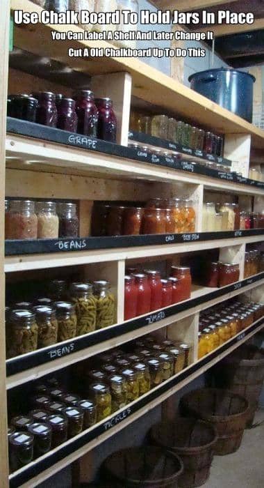 Cut up an old chalkboard to make labels for your pantry shelf's. The chalkboard will also keep your items on the shelf.