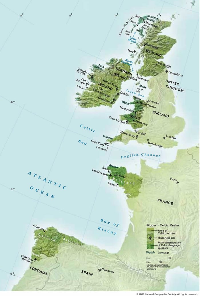 Celtic nations today, and the areas in the Iberian Peninsula where the Celtic languages originated.