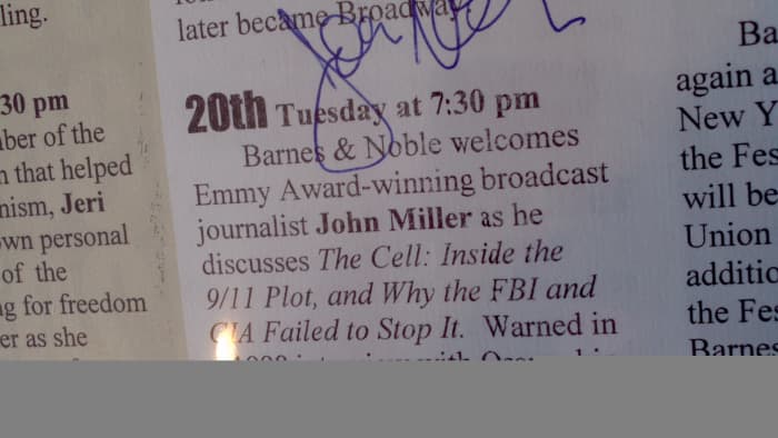 Close up from a flier listing a book event at a Barnes & Noble (on August 20, 2002) featuring then-20/20 co-host John Miller, famous for being the last American journalist to interview Osama bin Laden.